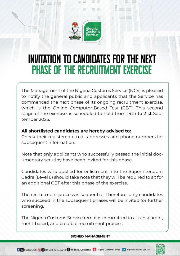 Nigeria Customs Service Recruitment 2025 CBT Test Date & Requirements Nigeria Customs Service Recruitment 2025 CBT Test Date & Requirements
