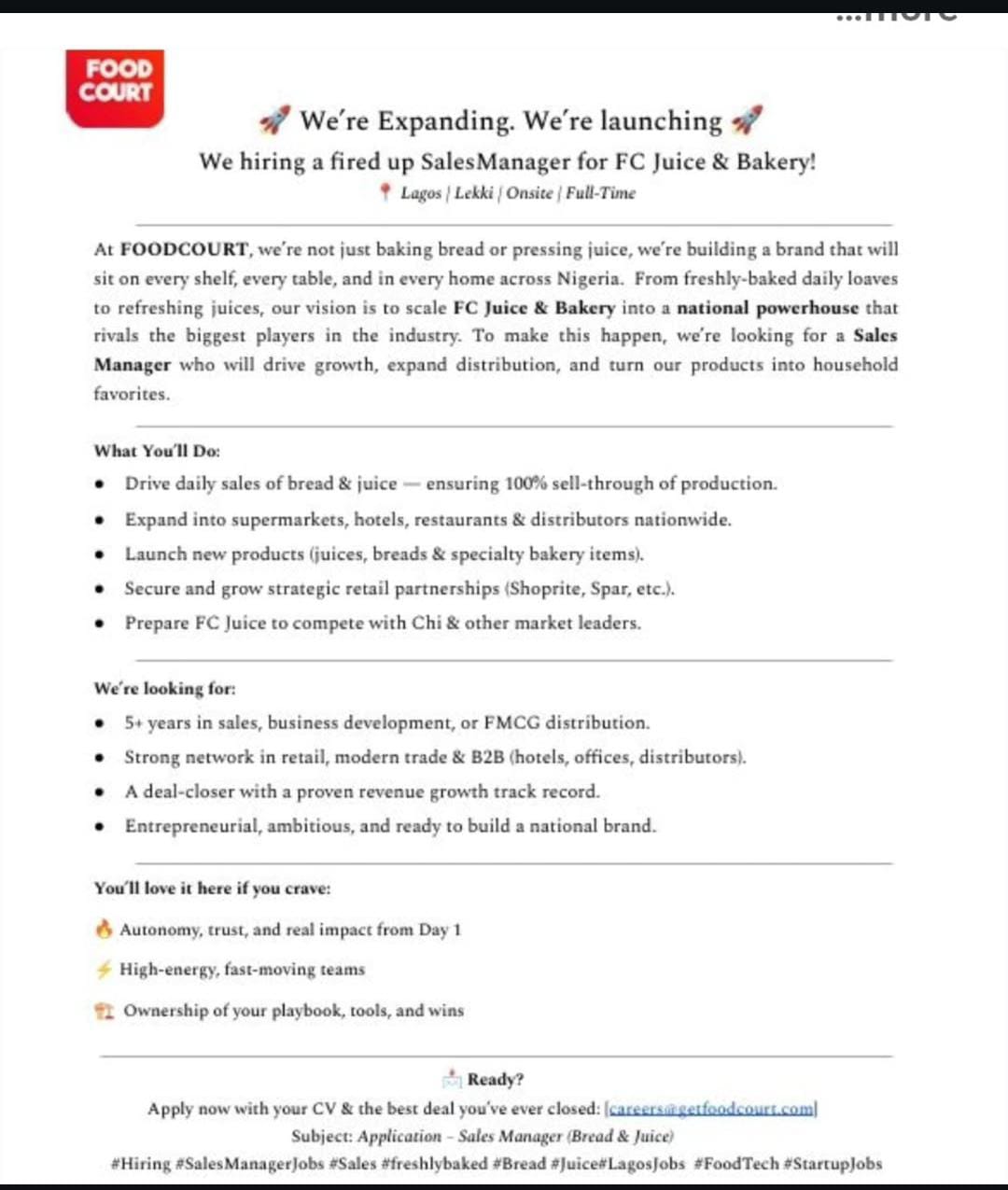 Hiring: Sales Manager for FC Juice & Bakery in Lagos | Apply Now! Hiring: Sales Manager for FC Juice & Bakery in Lagos | Apply Now!