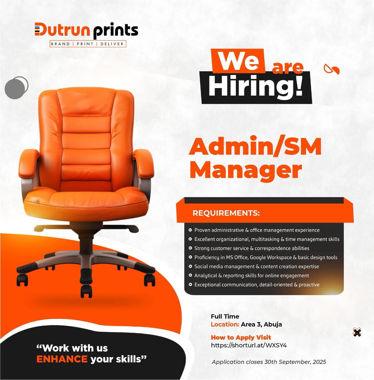Hiring: Admin/SM Manager in Abuja with Dutrun Prints | Apply Now! Hiring: Admin/SM Manager in Abuja with Dutrun Prints | Apply Now!